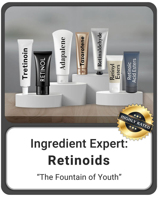 The family of retinoids shown: tretinoin, retinol, adapalene, tazarotene, retinaldehyde, retinyl esters, & retinoic acid esters