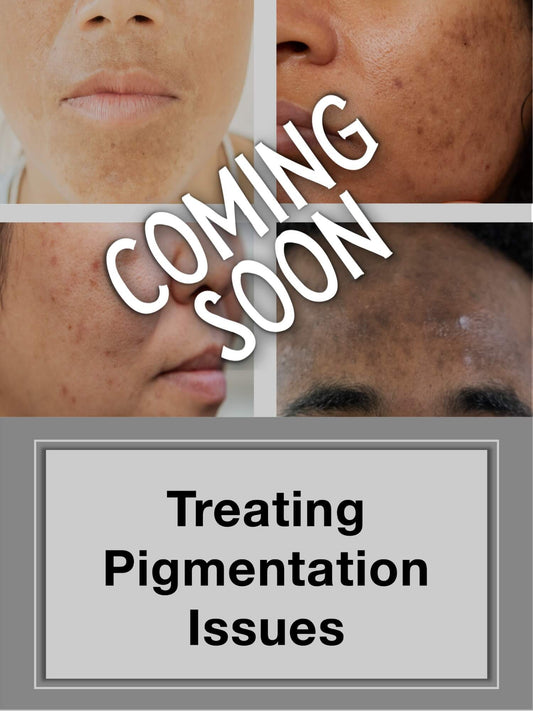 Online course cover titled "Treating Pigmentation Issues" with images of different skin pigment issues such as PIH, melasma, & hyperpigmentation