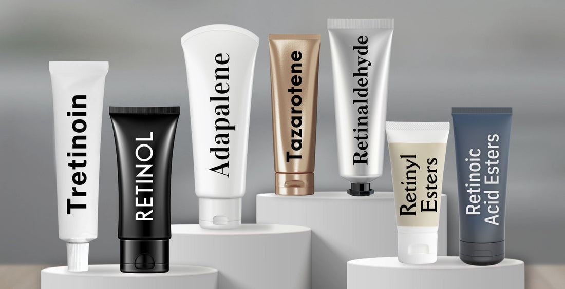Tubes of different retinoids like retinol, retinal, retinaldehyde, and retinyl esters