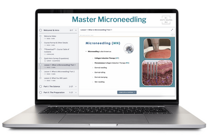 Laptop displaying a webpage about 'Master Microneedling' with images of skin and needles.