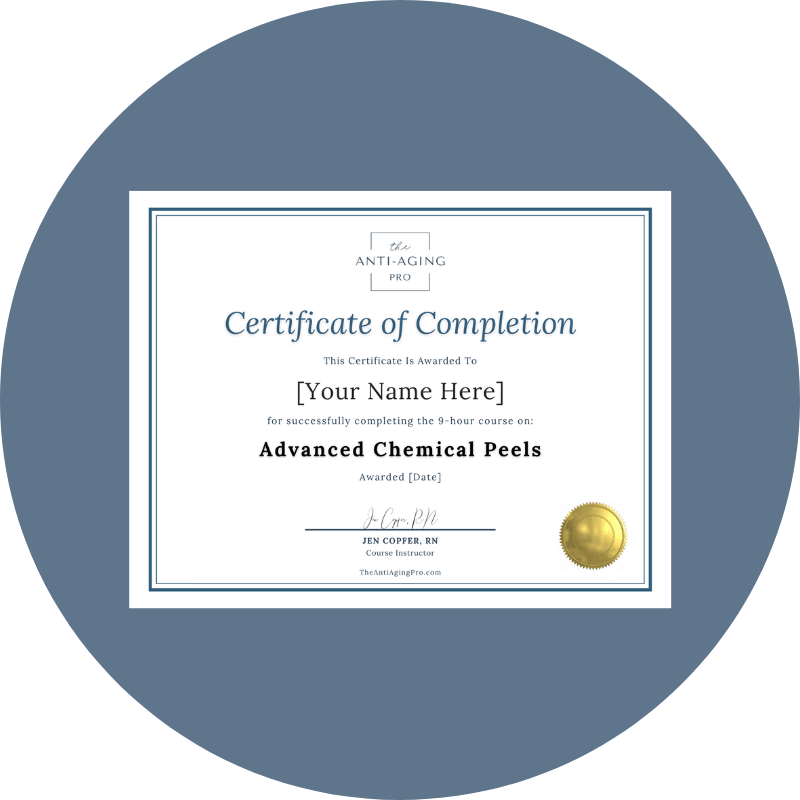 Certificate of Completion for Advanced Chemical Peels on a blue circular background