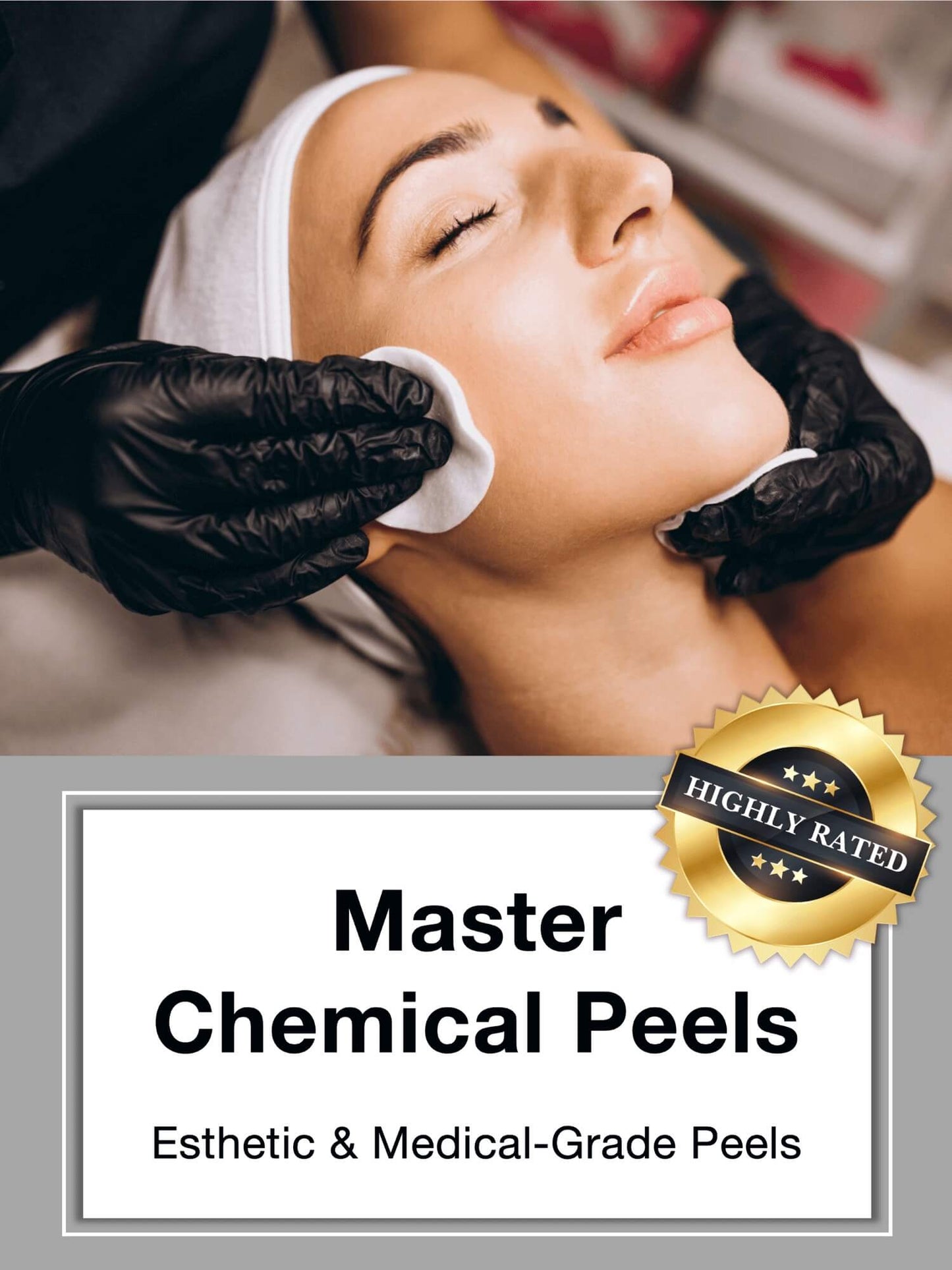 Master Chemical Peels Online Course cover. Woman getting a chemical peel facial treatment with someone wearing black gloves