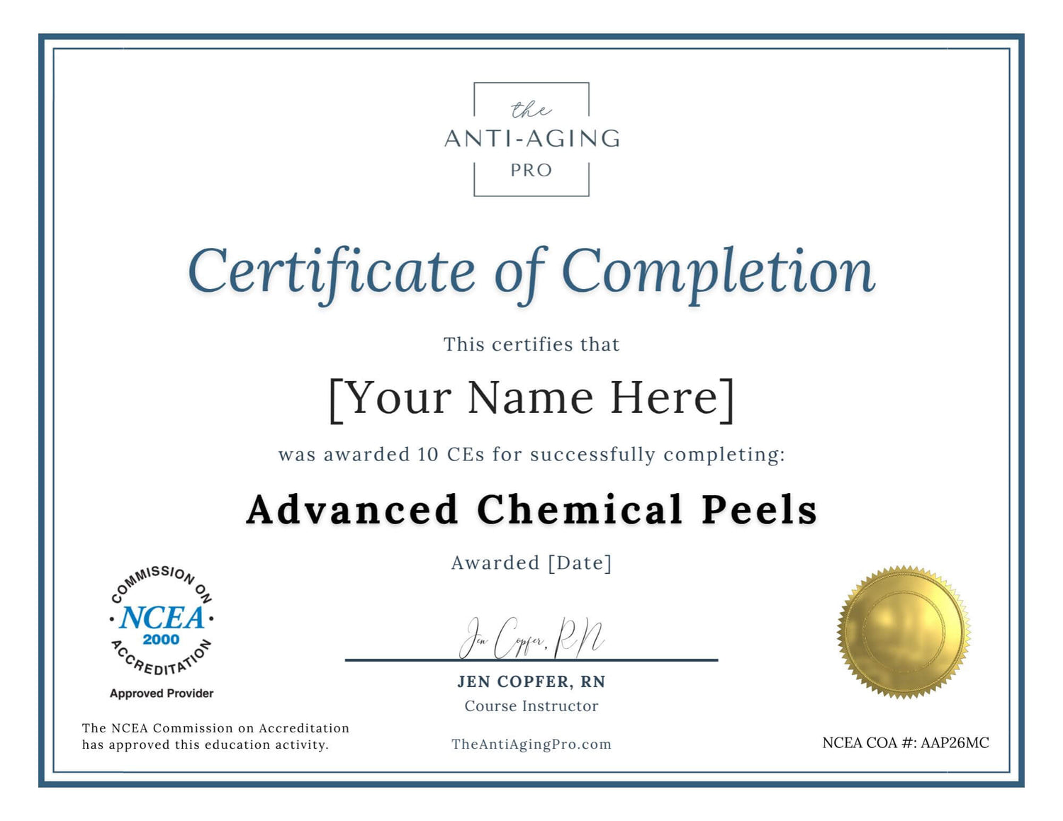 Certificate of Completion for Chemical Peels COA CE Course