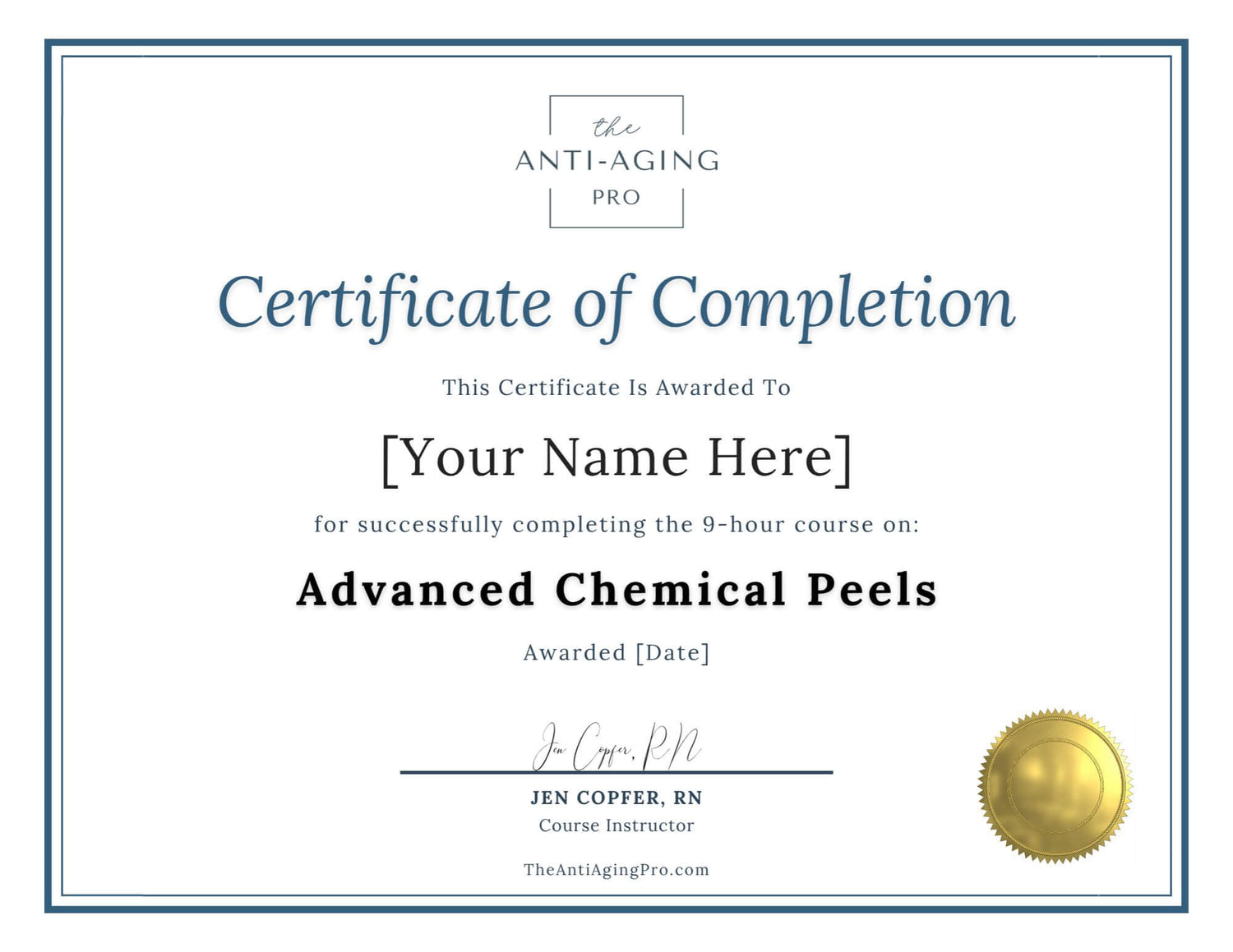 Certificate of Completion for Chemical Peels Course