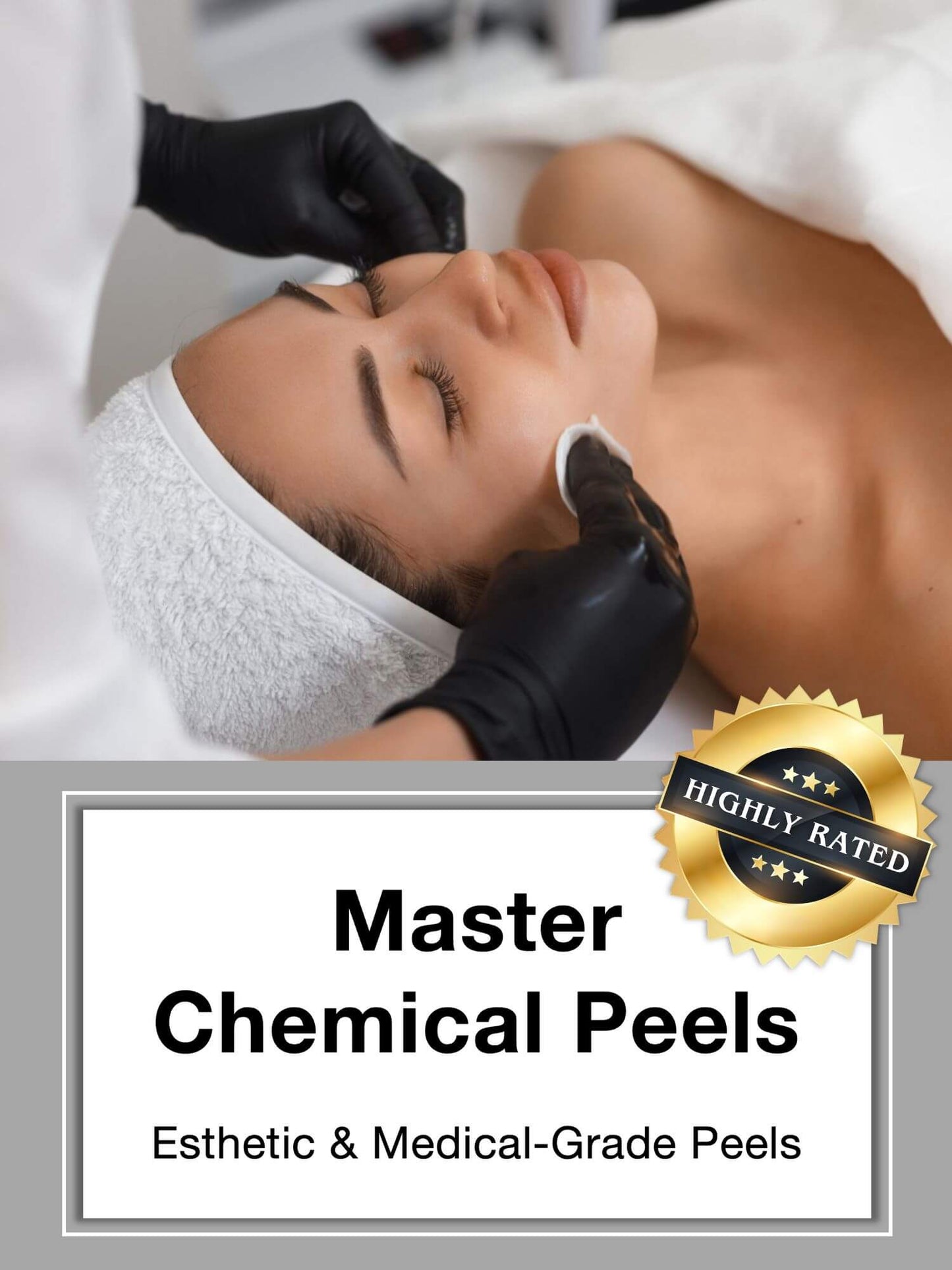 A woman getting a chemical peel facial treatment from an esthetician wearing black gloves