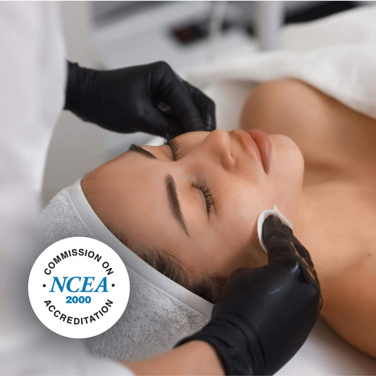 Person receiving a cosmetic procedure with NCEA accreditation logo.