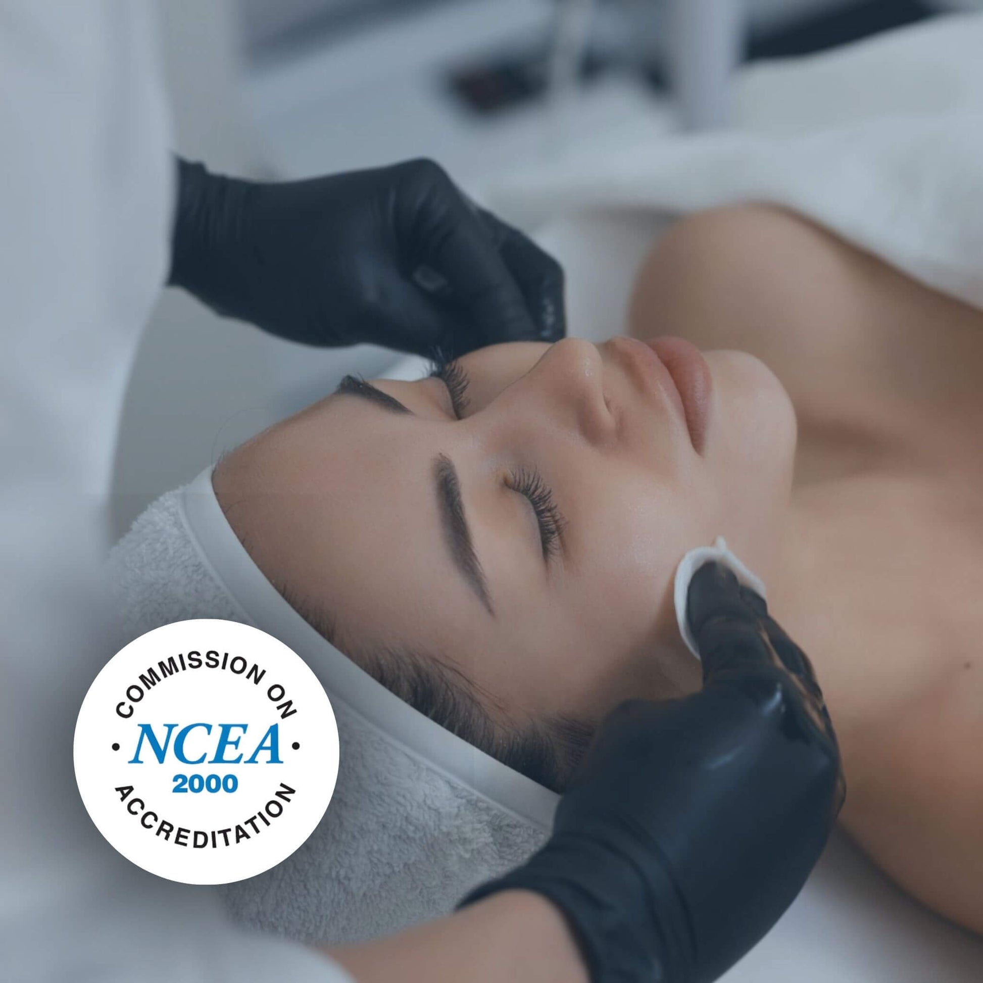 Person receiving a cosmetic procedure with NCEA accreditation logo.