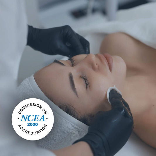 Person receiving a cosmetic procedure with NCEA accreditation logo.