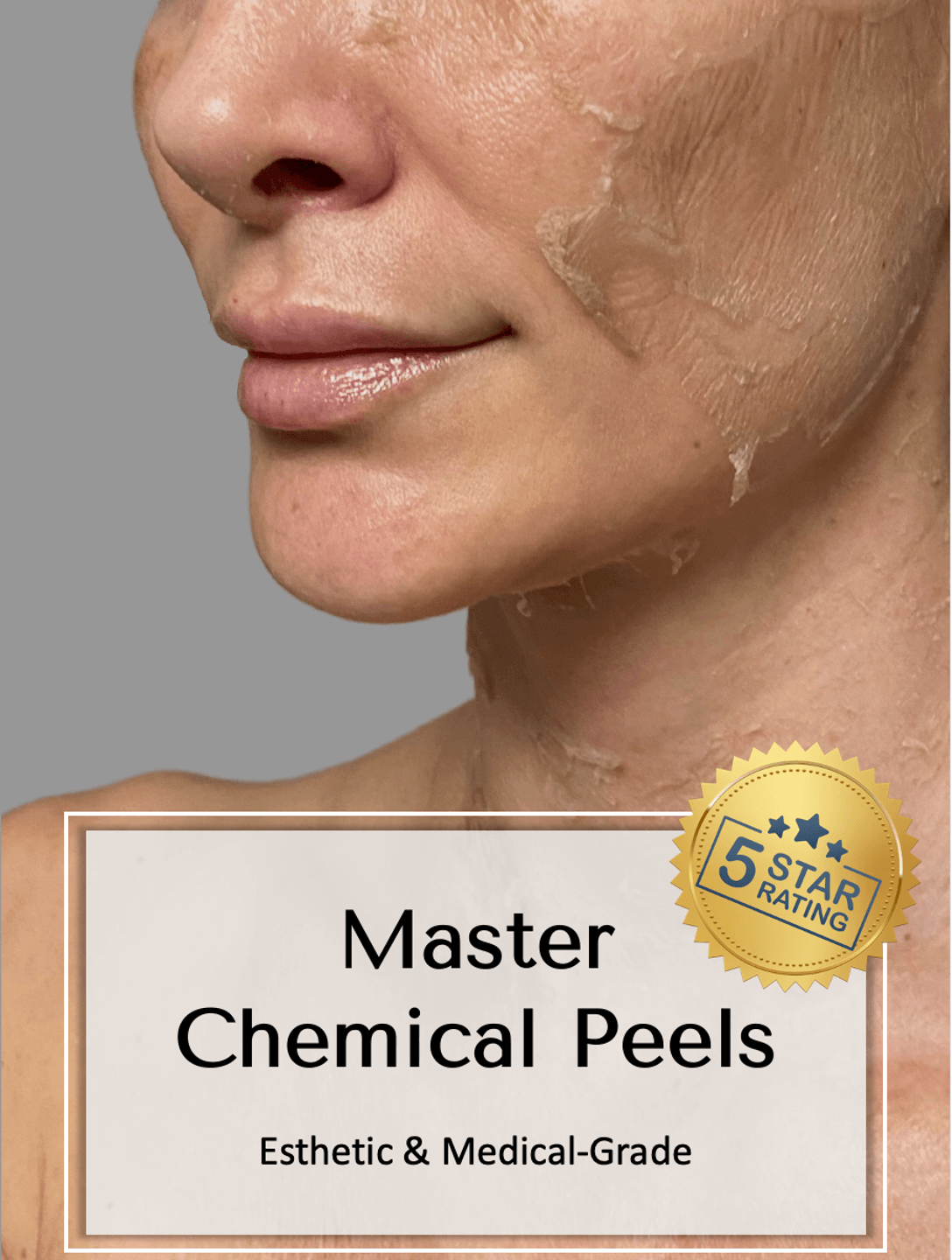 Skin peeling on lower face from a Chemical Peel Course. Chemical Peel treatment. TCA Peel Online Training Course Cover titled "Master Chemical Peels" Both Esthetic & Medical Grade Peels with 5-star review logo