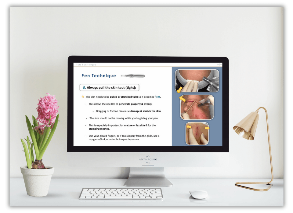 Online microneedling training course shown on desktop computer