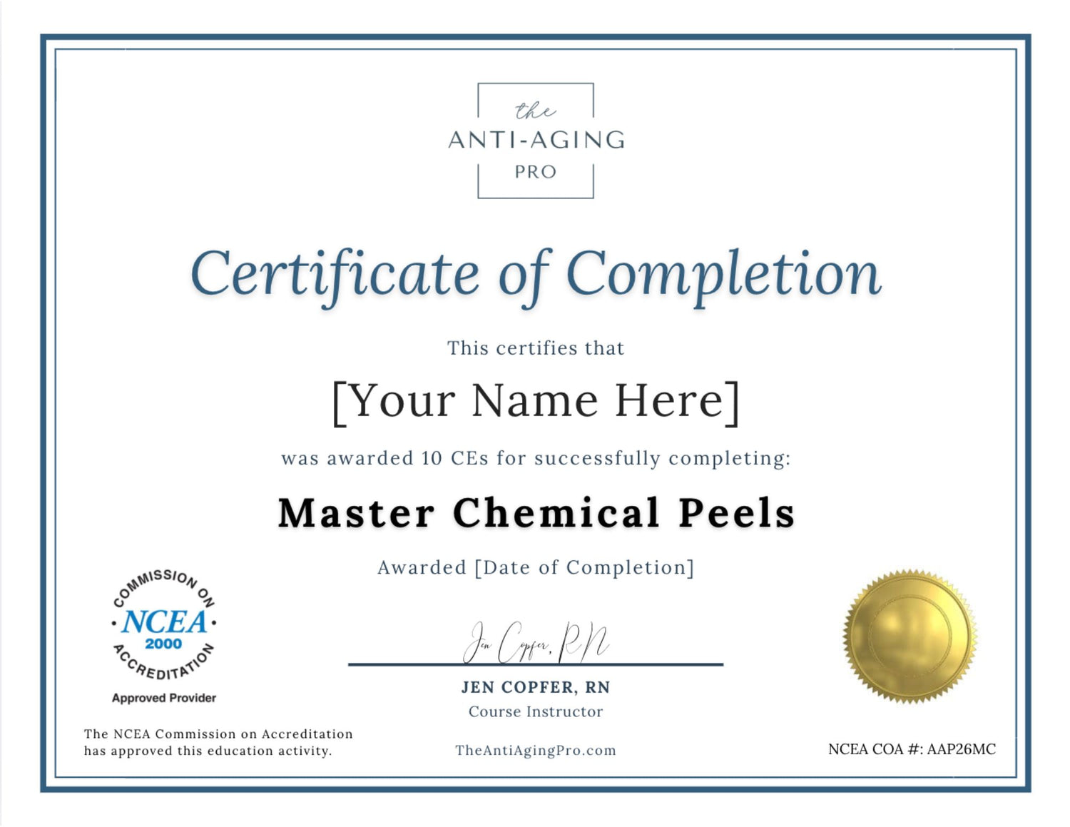 Certificate of Completion for Master Chemical Peels CE Course with branding and certification details.