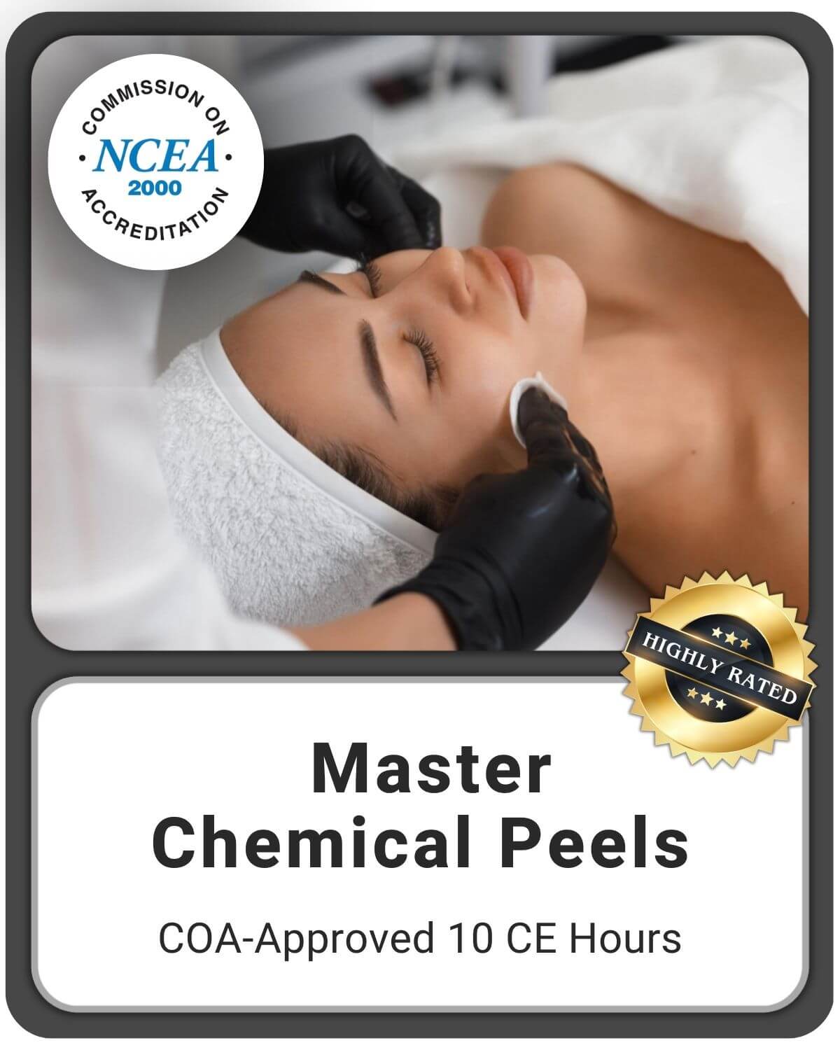 A woman getting a chemical peel facial treatment from an esthetician wearing black gloves