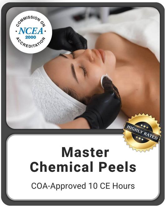 A woman getting a chemical peel facial treatment from an esthetician wearing black gloves