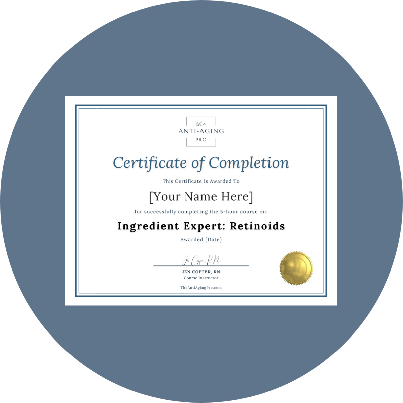 Certificate of Completion for an ingredient expert course on retinoids with a blue circular border.