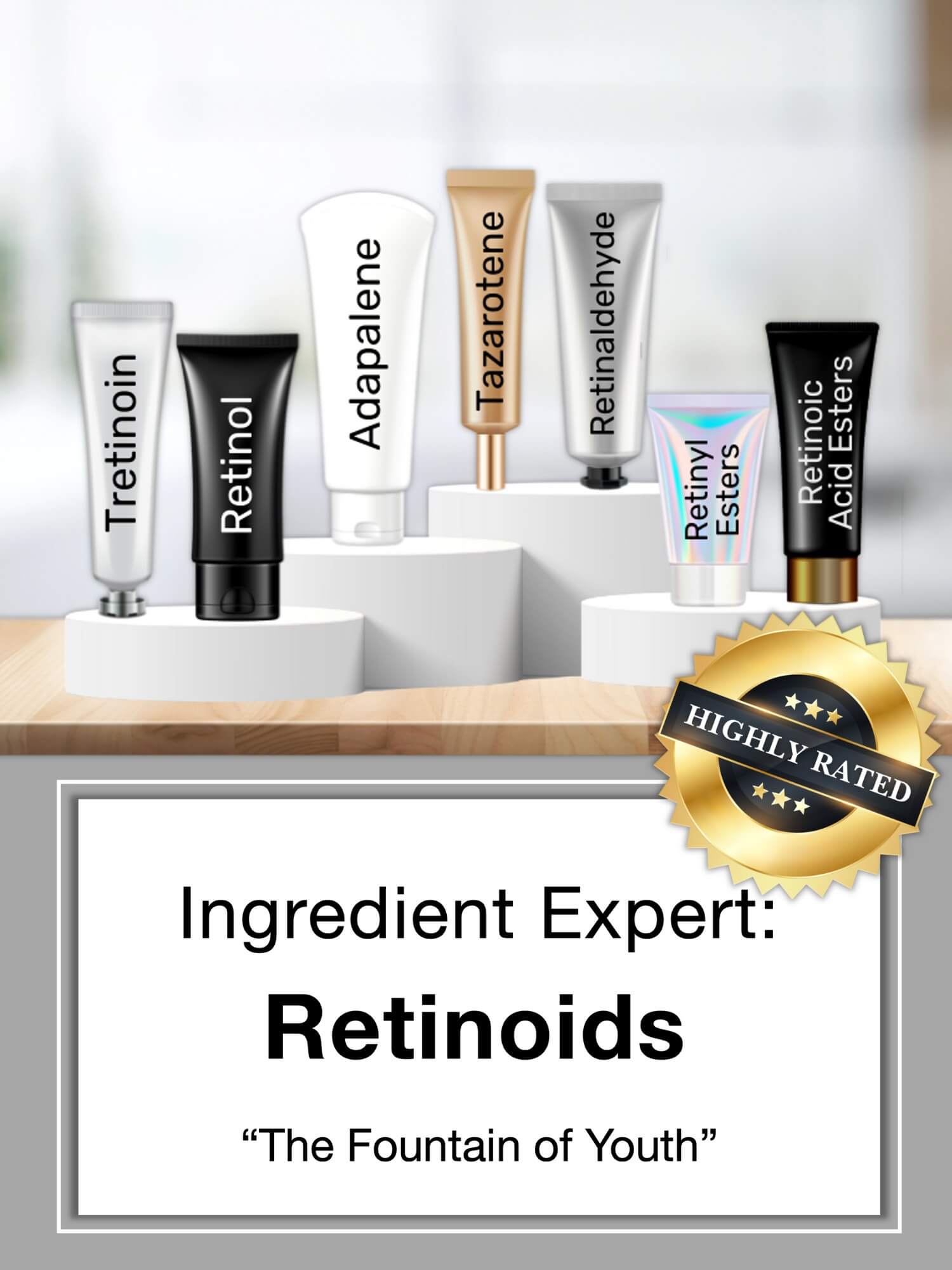 The family of retinoids shown: tretinoin, retinol, adapalene, tazarotene, retinaldehyde, retinyl esters, & retinoic acid esters