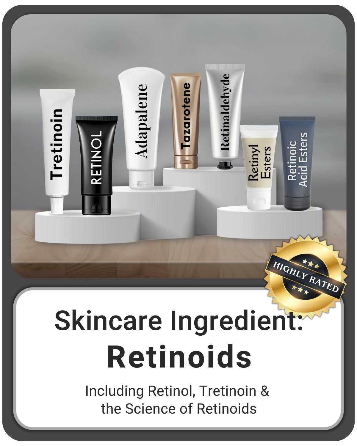 Collection of skincare products with Retinoids on a gray background