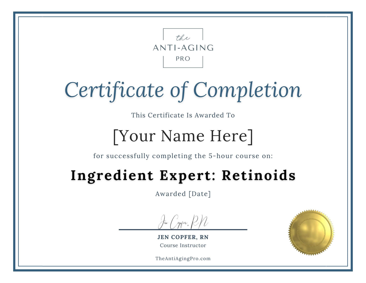 Retinoids Ingredient Expert course certificate of completion