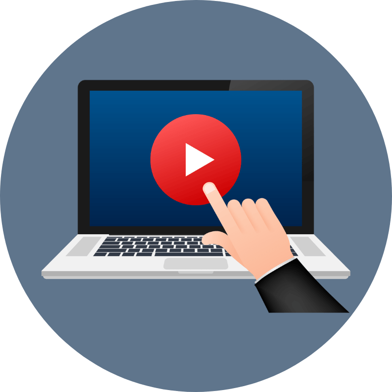 Laptop with a play button on the screen and a hand pointing to it