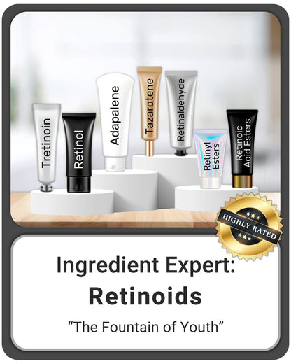 The family of retinoids shown: tretinoin, retinol, adapalene, tazarotene, retinaldehyde, retinyl esters, & retinoic acid esters