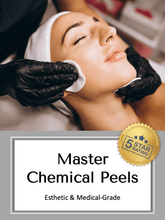 Load image into Gallery viewer, Master Chemical Peels Online Course cover. Woman getting a chemical peel facial treatment with someone wearing black gloves
