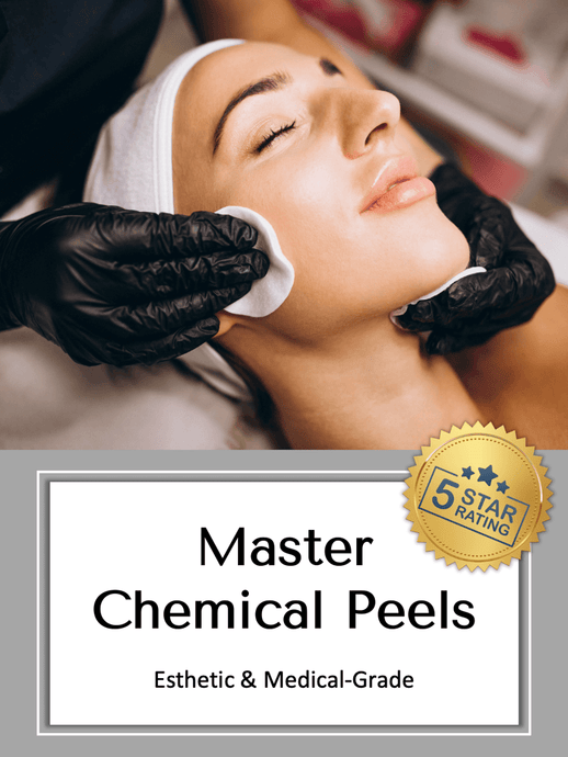 Master Chemical Peels Online Course cover. Woman getting a chemical peel facial treatment with someone wearing black gloves