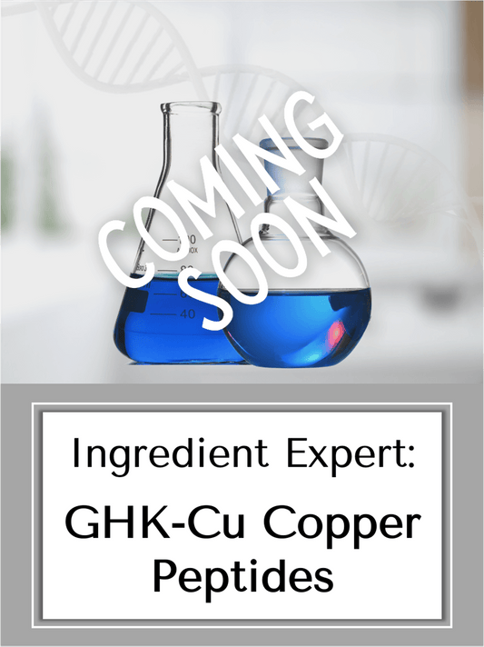 Online course cover for "Ingredient Expert: GHK-Cu Copper Peptides". Chemistry beakers half full of a dark blue liquid