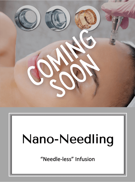 Nano-needling online training course cover Titled "Nano-Needling: Needle-less Infusion", and a woman is getting a treatment with a motorized pen 