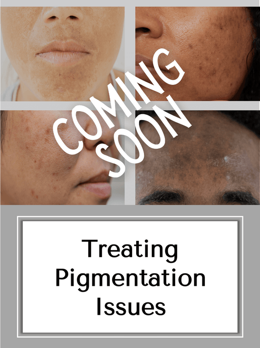 Online course cover titled "Treating Pigmentation Issues" with images of different skin pigment issues such as PIH, melasma, & hyperpigmentation 